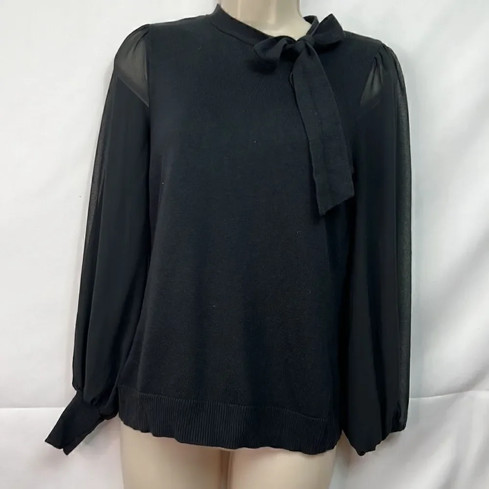 CeCe tie neck black multi medium sweater with chiffon sleeves size XS NWT